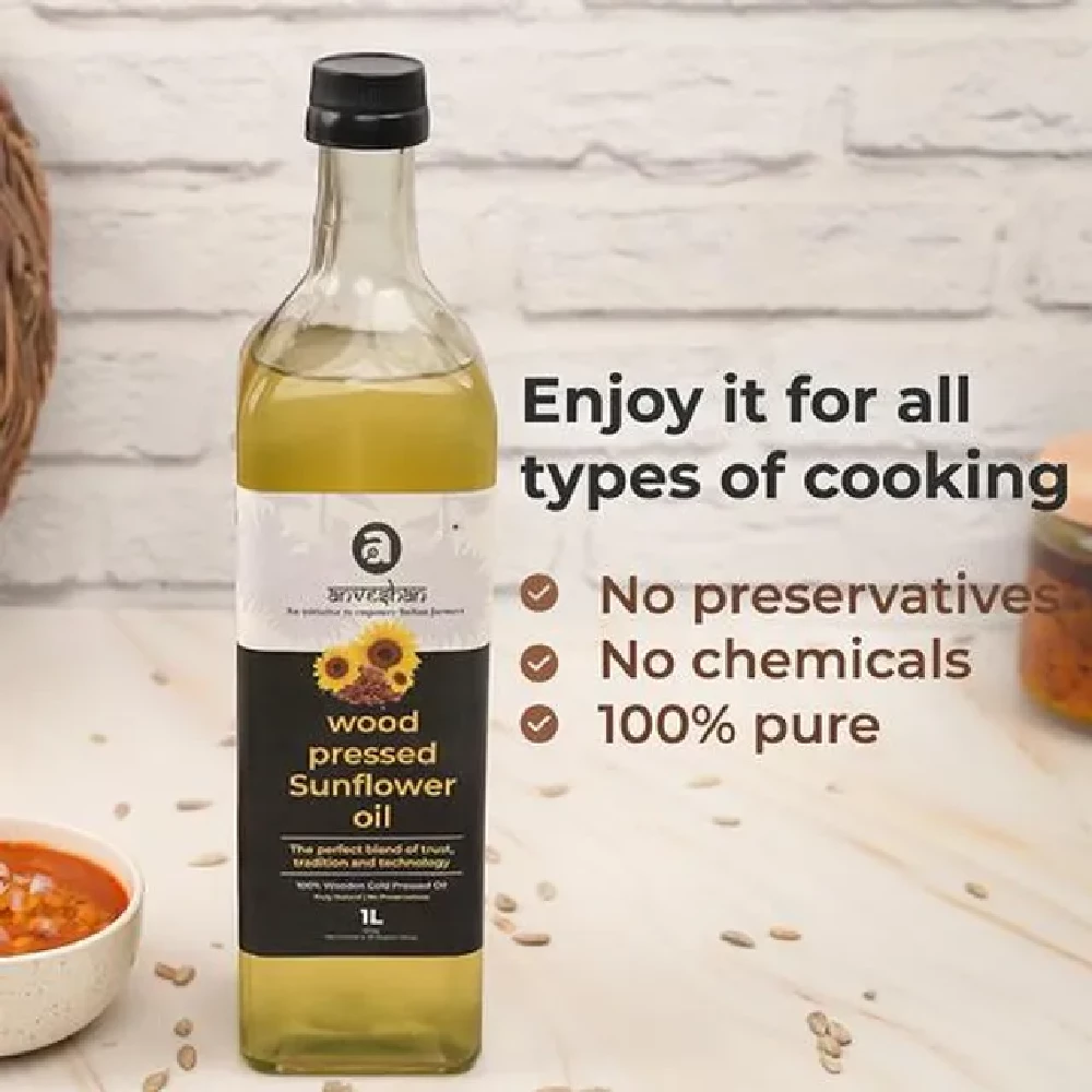 Anveshan Wood Cold Pressed Sunflower Cooking Oil - Heart-Healthy Good Fats, 1 L Glass Bottle-6.webp